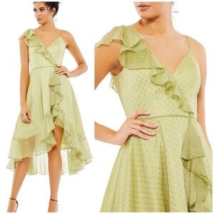 Mac duggal green and gold ruffle midi dress